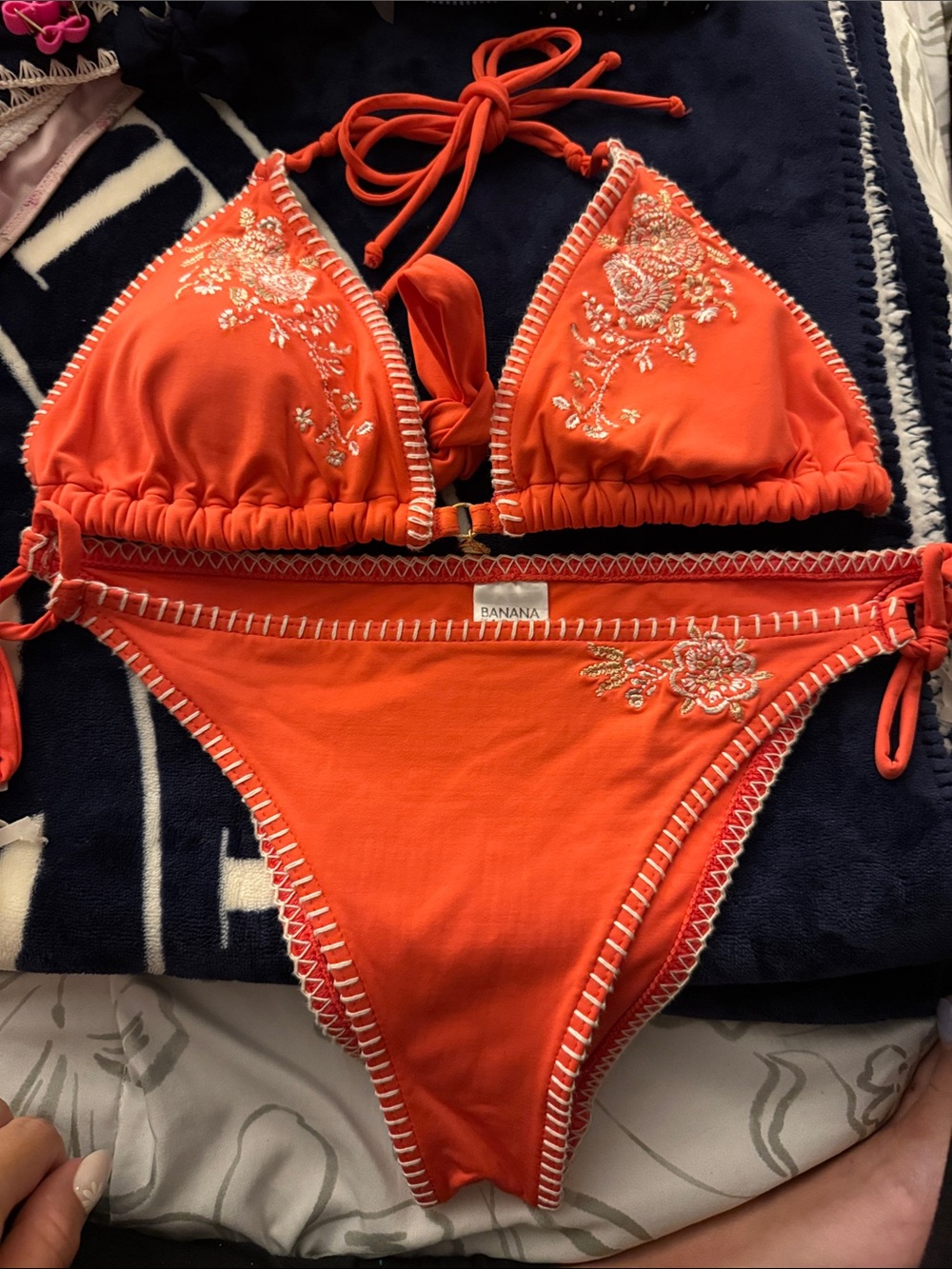 Bananamoon Bright Orange Triangle Bikini Top with Whipstitch Trim
